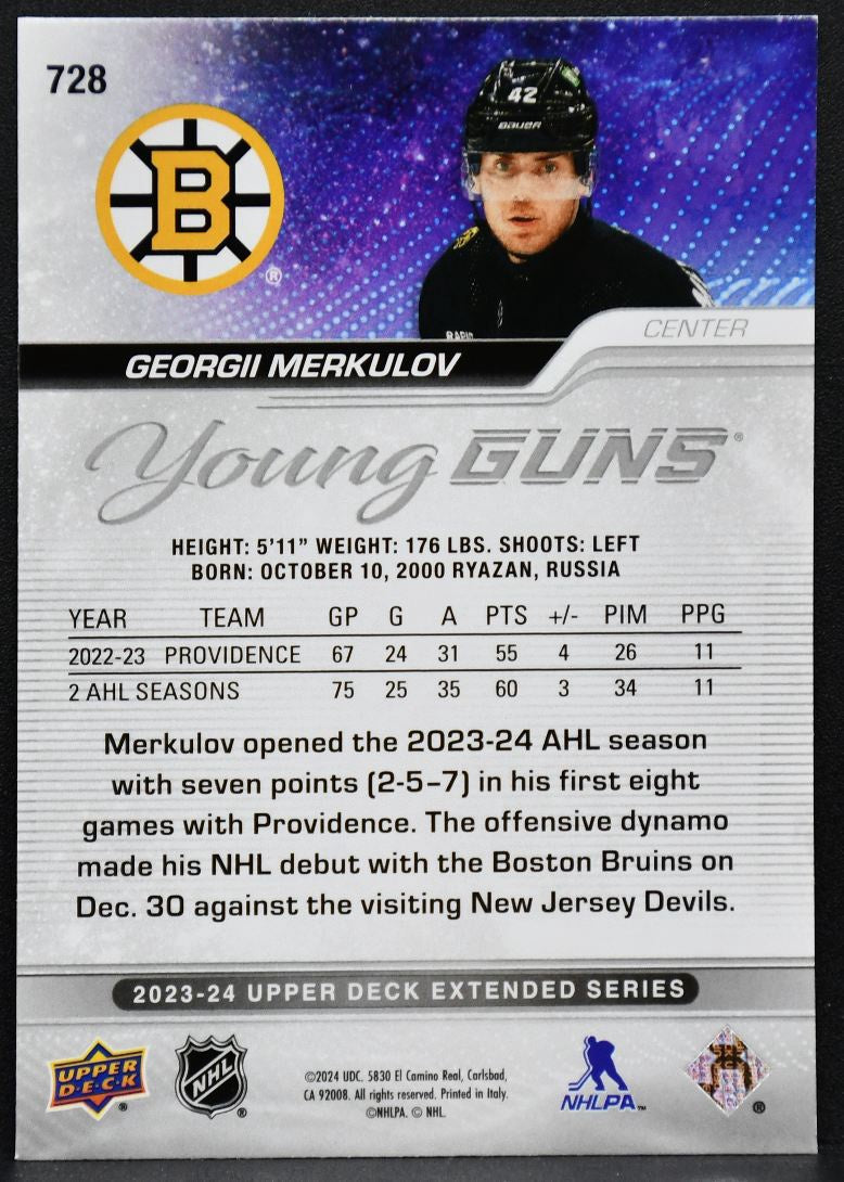 23-24 UD Extended Series Young Guns Outburst Georgii Merkulov 728 Bruins RC 3728