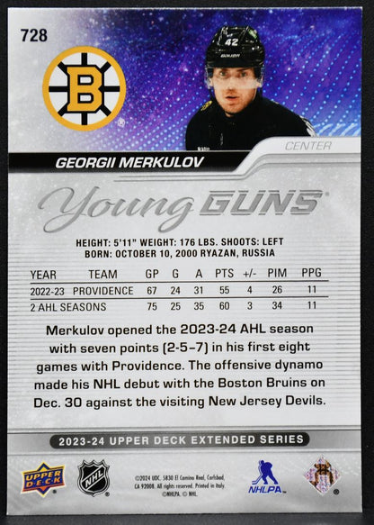 23-24 UD Extended Series Young Guns Outburst Georgii Merkulov 728 Bruins RC 3728