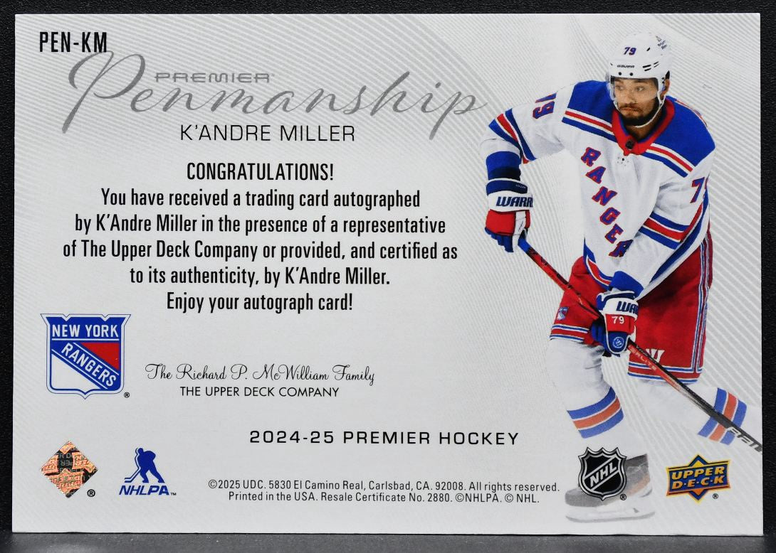 2024-25 Upper Deck Premier Penmanship K'Andre Miller PEN-KM Rangers Auto 7429