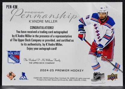 2024-25 Upper Deck Premier Penmanship K'Andre Miller PEN-KM Rangers Auto 7429