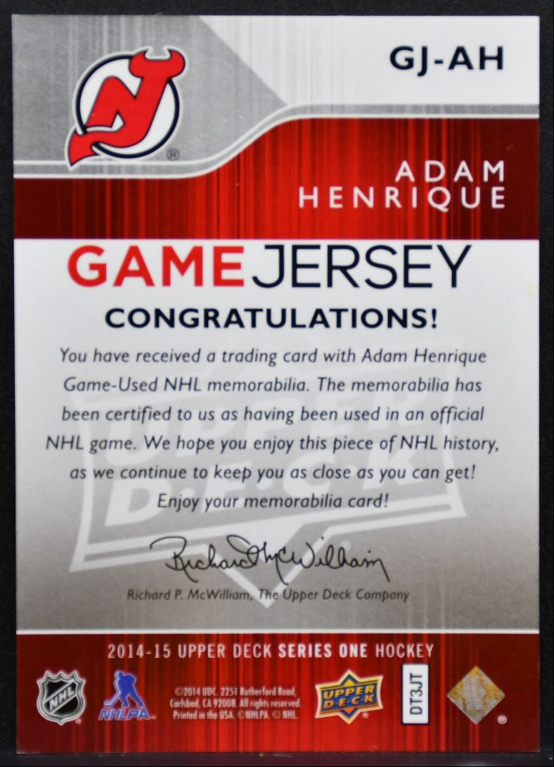 2014-15 Upper Deck Series 1 Game Jerseys Adam Henrique GJ-AH Devils Jersey 5333