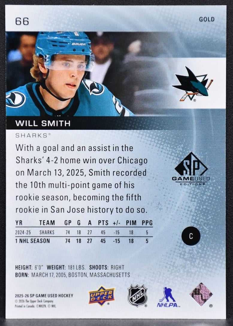 2025-26 SP Game Used Gold Will Smith 66 San Jose Sharks 096/149 6997