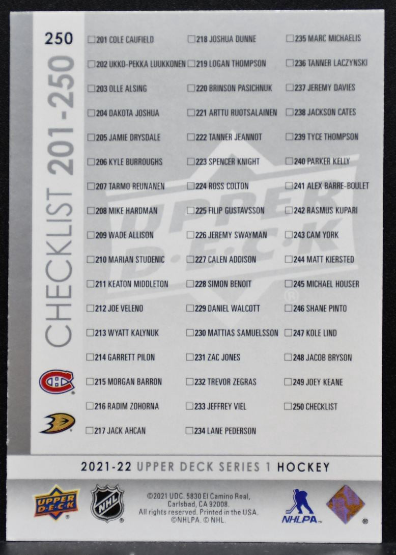 2021-22 UD Series 1 Checklist Young Guns Caufield/Zegras RC 8345