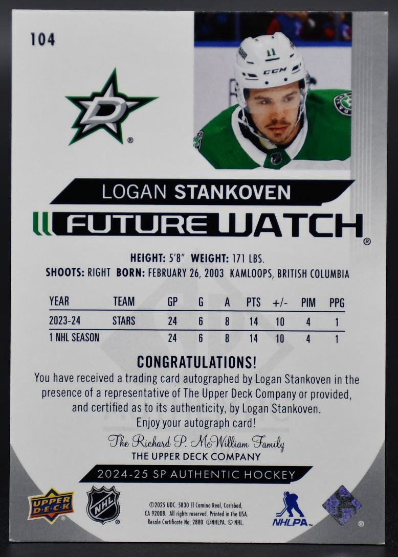 2024-25 SP Authentic Logan Stankoven 104 Dallas Stars RC Auto 268/999