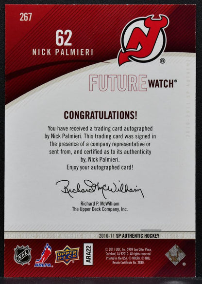 2010-11 SP Authentic Future Watch Auto Nick Palmieri Devils RC Auto 037/999 8702