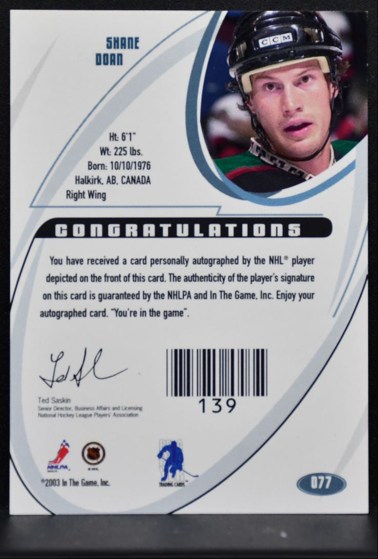 2002-03 In The Game Be A Player Signature Shane Doan Arizona Coyotes Auto 3766