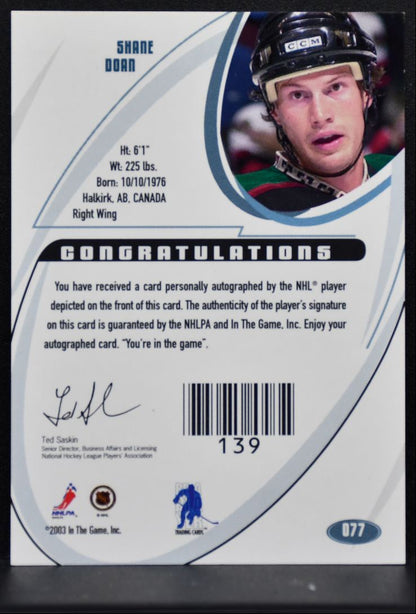 2002-03 In The Game Be A Player Signature Shane Doan Arizona Coyotes Auto 3766