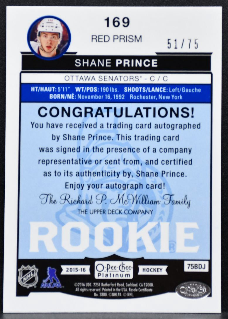 2015-16 O-Pee-Chee Platinum Rookie Auto Red Prism Prince RC Auto 51/75 4927