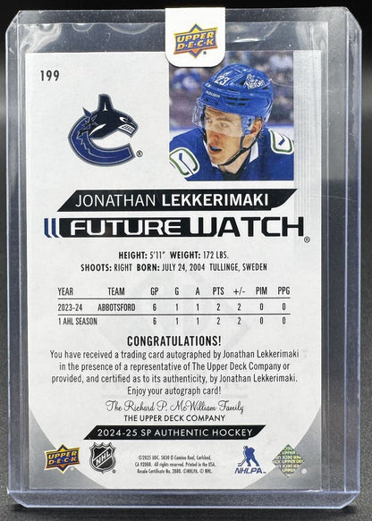 2024-25 SP Authentic Jonathan Lekkerimaki 199 Vancouver Canucks RC Auto 838/999