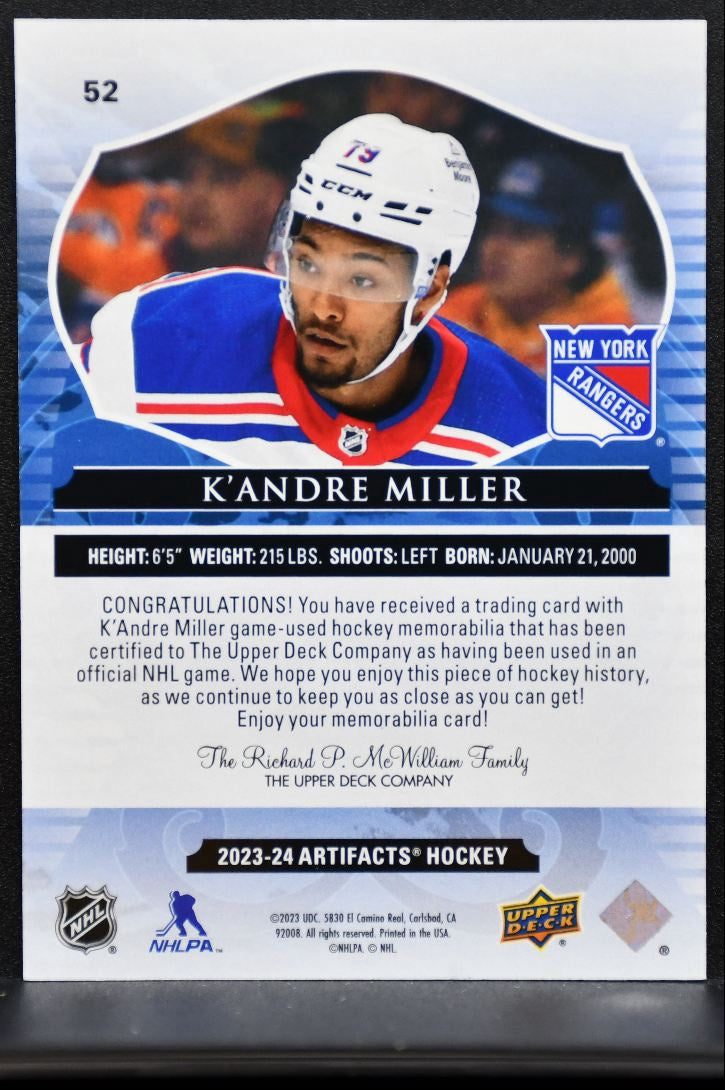 2023-24 UD Artifacts Material Gold K'Andre Miller 52 Rangers 152/249 Jersey 6026