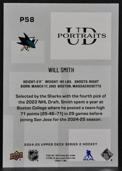 2024-25 Upper Deck Series 2 UD Portraits Will Smith P58 San Jose Sharks RC 7398
