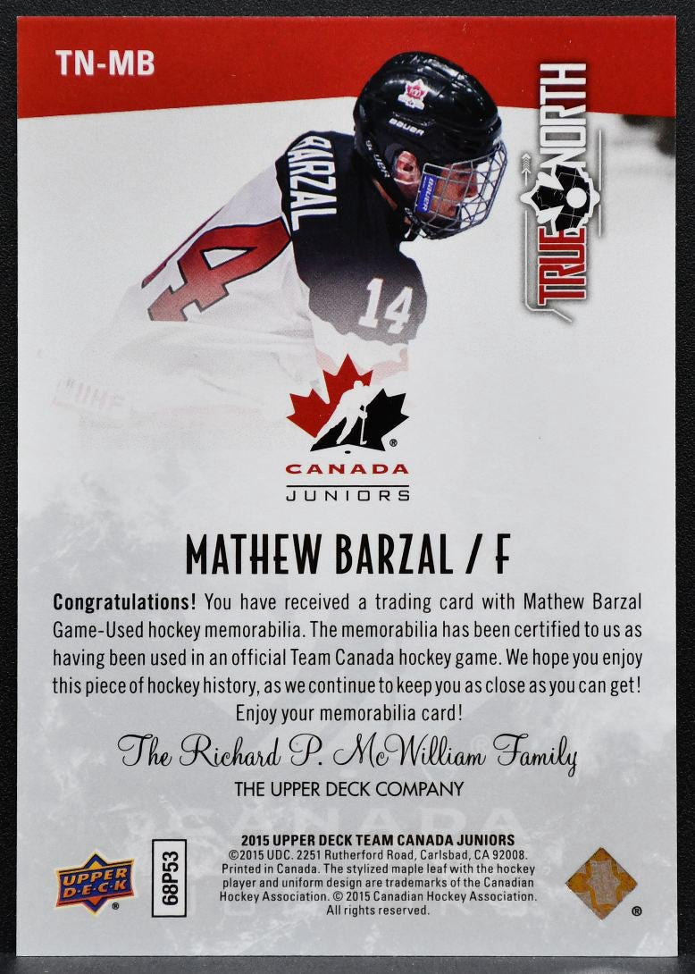 2015-16 UD Team Canada Juniors True North Mathew Barzal TN-MB Canada Jersey 2493