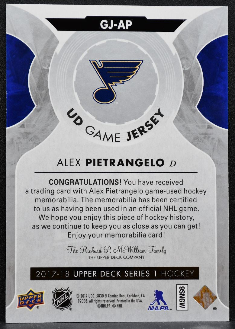 2017-18 Upper Deck Series 1 UD Game Jerseys Alex Pietrangelo Blues Jersey 6335