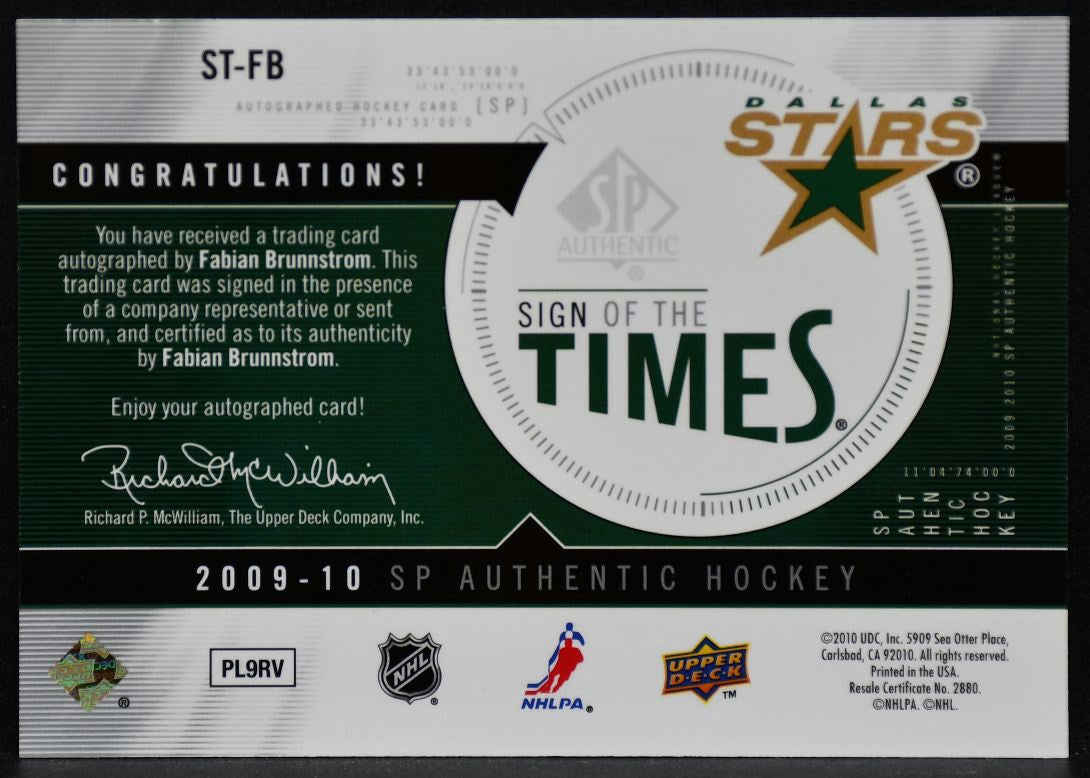 2009-10 SP Authentic Sign of the Times Fabian Brunnstrom ST-FB Auto 4648