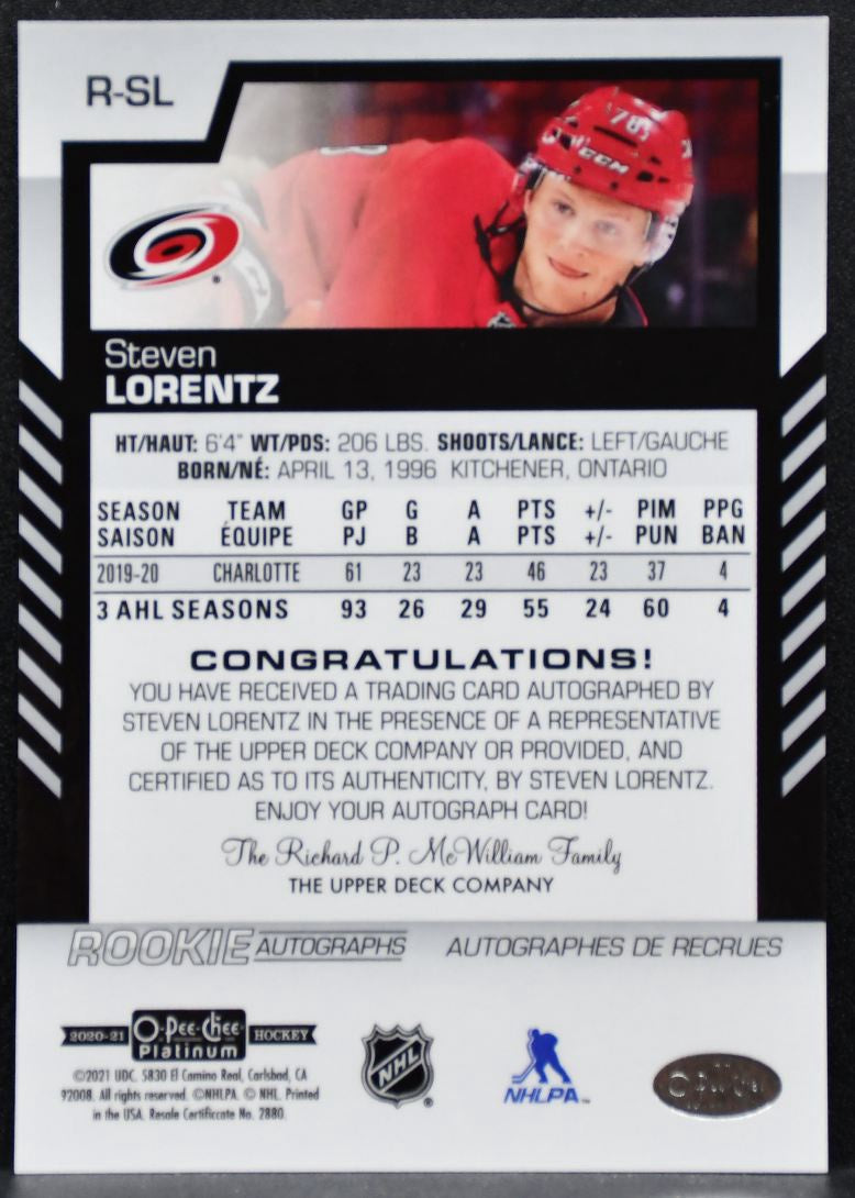 2020-21 O-Pee-Chee Platinum Rookie Auto Steven Lorentz Hurricanes RC Auto 7096