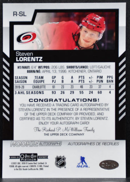 2020-21 O-Pee-Chee Platinum Rookie Auto Steven Lorentz Hurricanes RC Auto 7096
