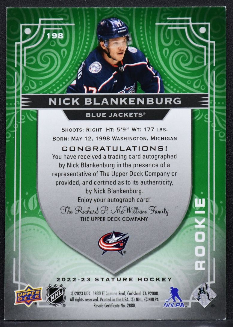 2022-23 UD Stature Rookie Auto Green Nick Blankenburg 198 RC Auto