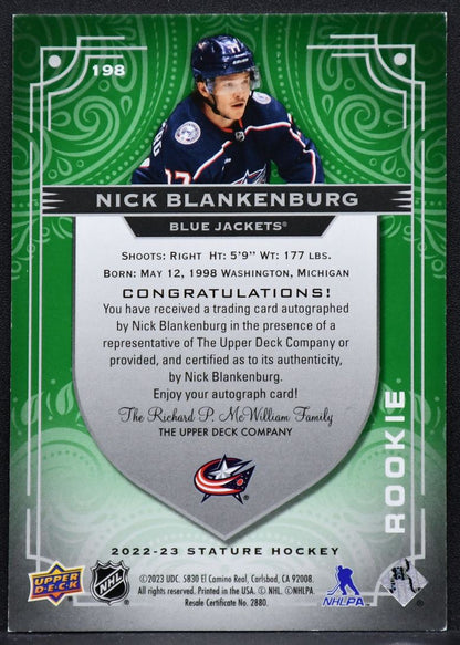 2022-23 UD Stature Rookie Auto Green Nick Blankenburg 198 RC Auto