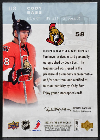 2007-08 UD The Cup Auto Rookie Cody Bass 118 Senators RC Auto 187/199 9178