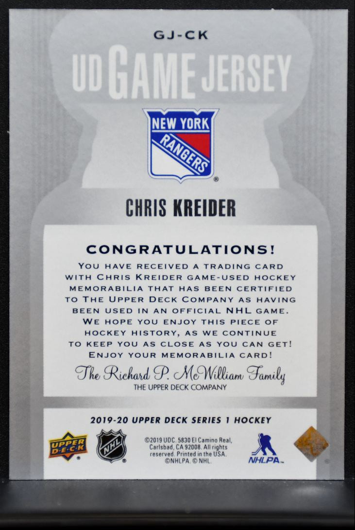 2019-20 Upper Deck Series 1 UD Game Jerseys Chris Kreider Rangers Jersey 6095