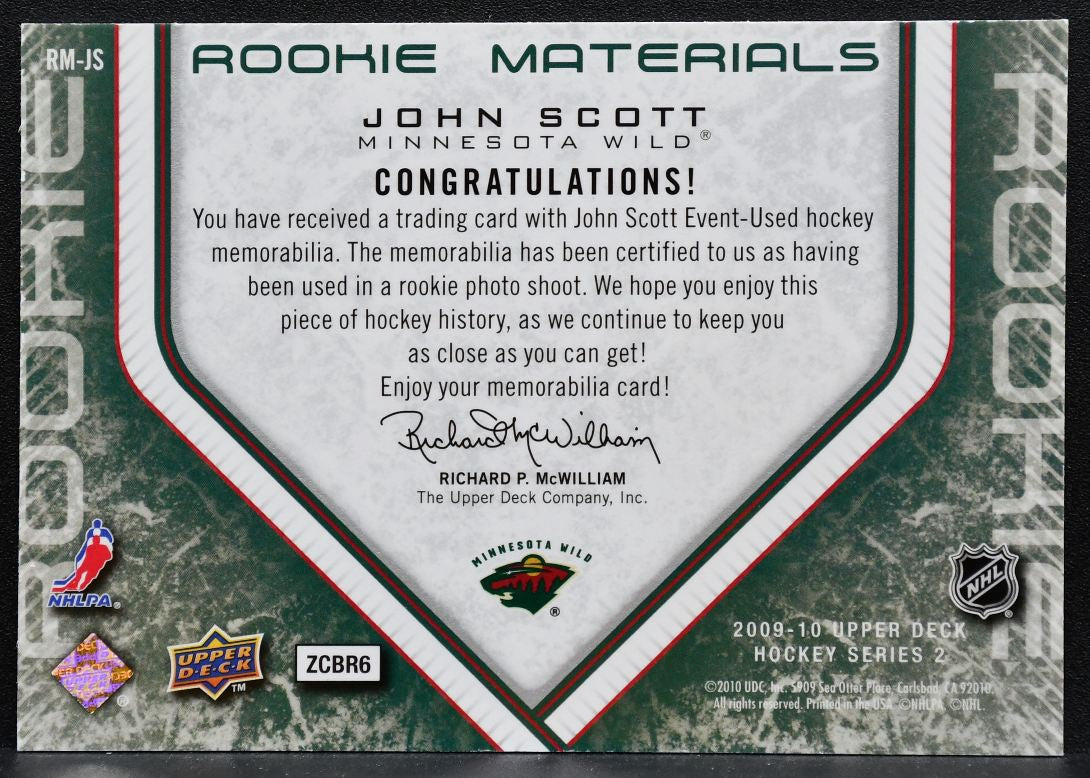 2009-10 Upper Deck Series 2 Rookie Materials John Scott Wild RC Jersey 4690