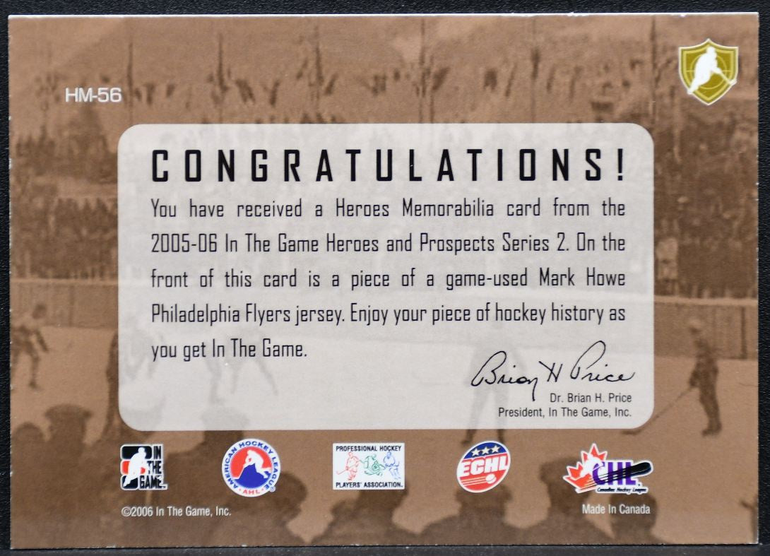 2005-06 ITG Heroes and Prospects Hero Memorabilia Mark Howe Flyers Jersey 0818