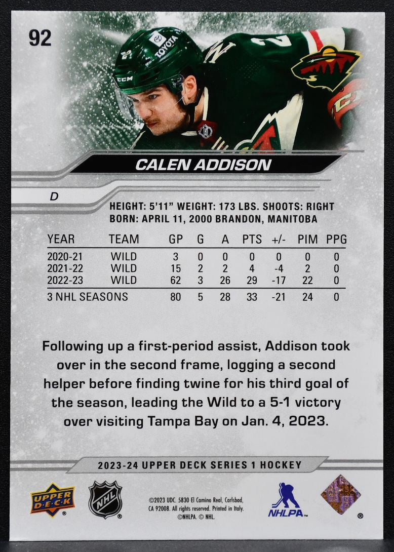 2023-24 Upper Deck Series 1 Exclusives Calen Addison 92 Wild 050/100 1617