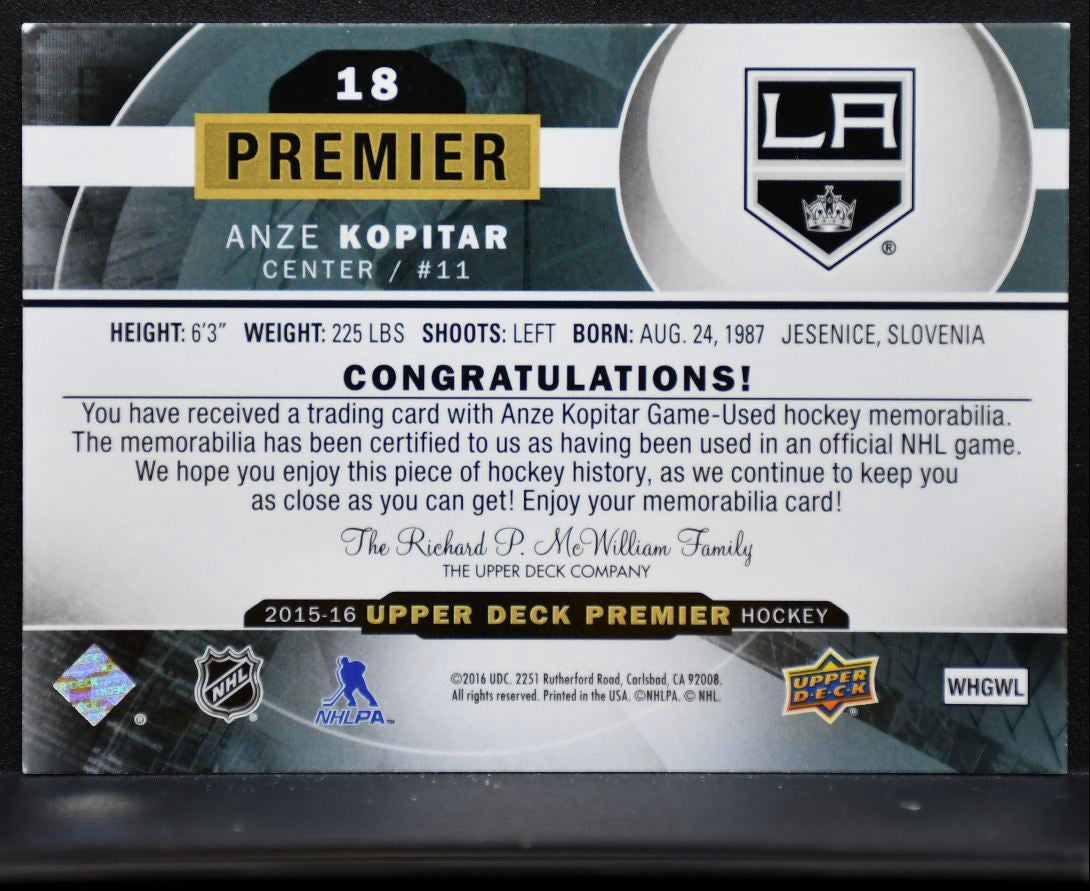 2015-16 Upper Deck Premier Base Jersey Anze Kopitar 18 Kings 107/199 Jersey 5975