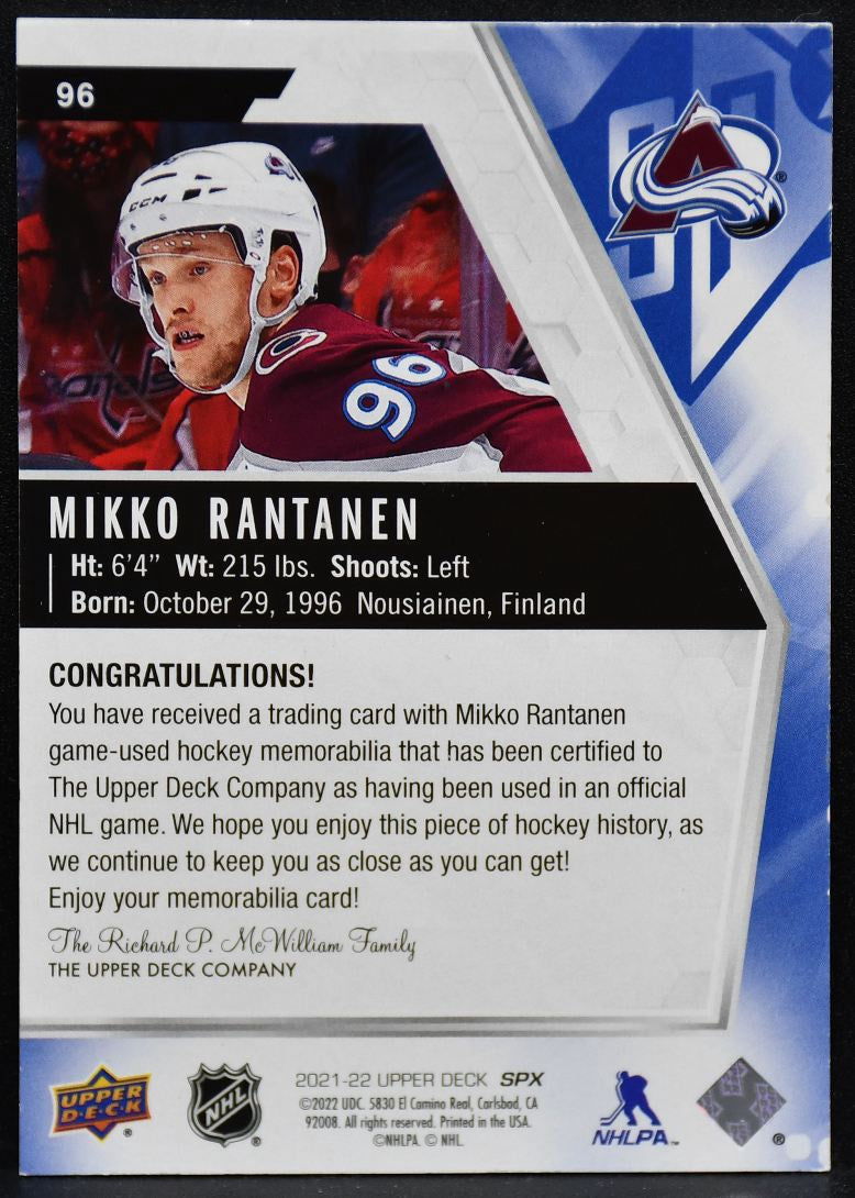 2021-22 SPx Jersey Mikko Rantanen 96 Colorado Avalanche Jersey 3848