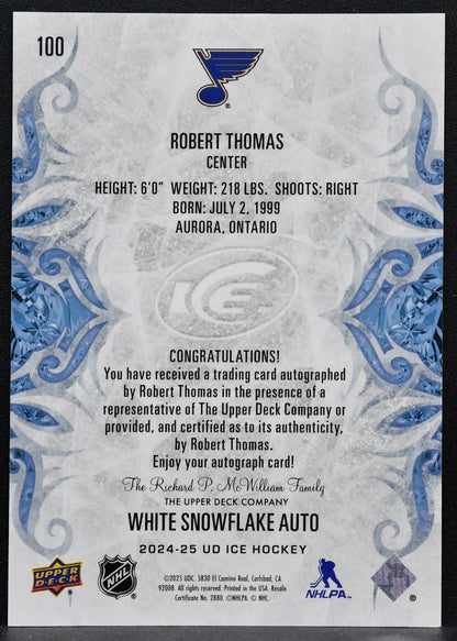 2024-25 UD Ice White Snowflake Autographs Robert Thomas 100 Blues Auto 6972