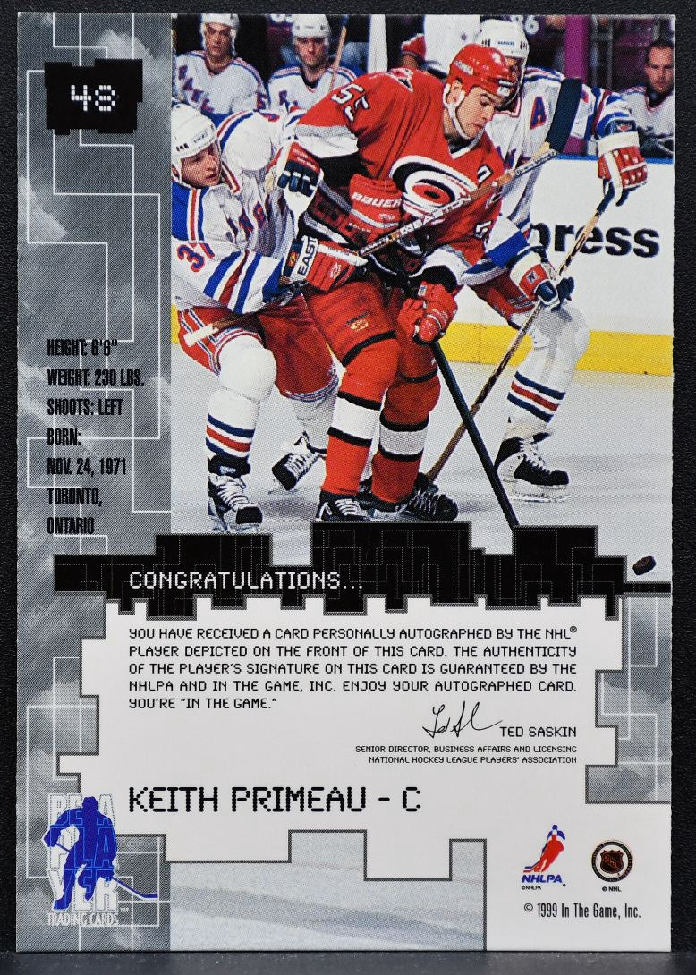 1999-100 Be a Player Millennium Autographs Keith Primeau 48 Hurricanes Auto 1061