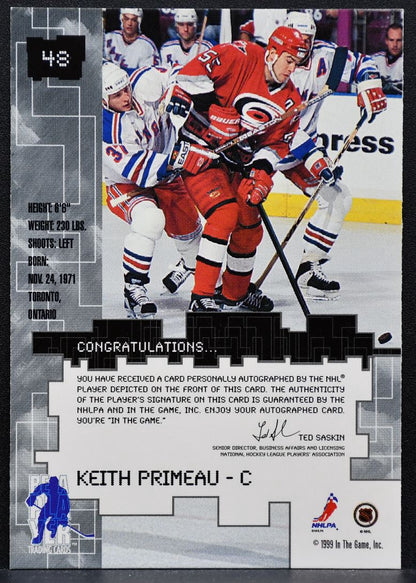 1999-100 Be a Player Millennium Autographs Keith Primeau 48 Hurricanes Auto 1061