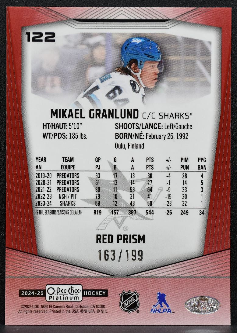 2024-25 O-Pee-Chee Platinum Red Prism Mikael Granlund 122 Sharks 163/199 1488