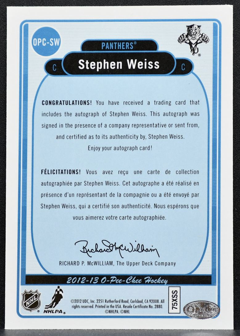 2012-13 Upper Deck O-Pee-Chee Signatures Stephen Weiss OPC-SW Panthers Auto 8872
