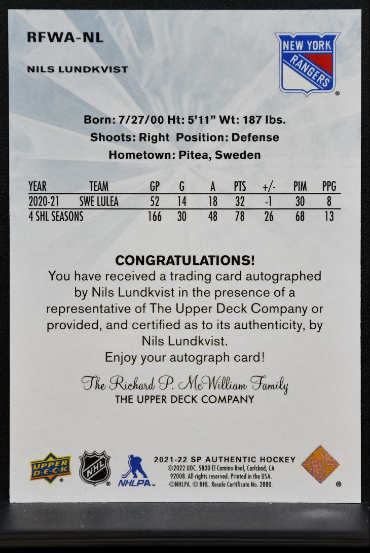 2021-22 SP Authentic 2011-12 Retro FW Auto Lundkvist RC Auto 268/499 2638