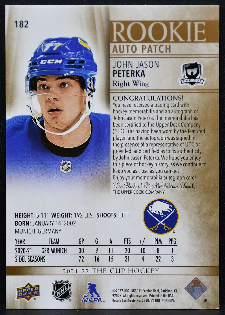 2021-22 UD The Cup Patch Gold Foil Peterka 182 Sabres RC Auto 09/24 Patch 5392