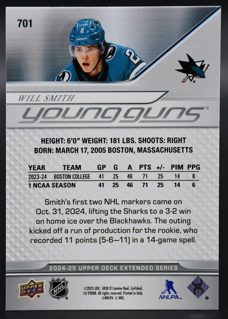 2024-25 UD Extended Series Will Smith 701 San Jose Sharks RC