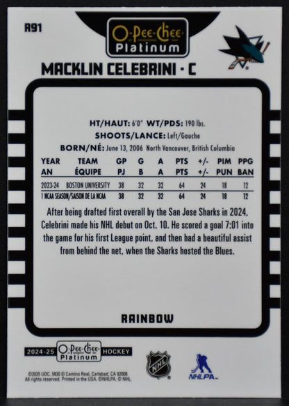 2024-25 OPC Platinum Retro Rookie Rainbow Macklin Celebrini R91 Sharks RC 8249