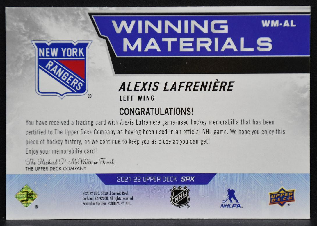 2021-22 SPx Winning Materials Alexis Lafreniere WM-AL New York Rangers Jersey 6492