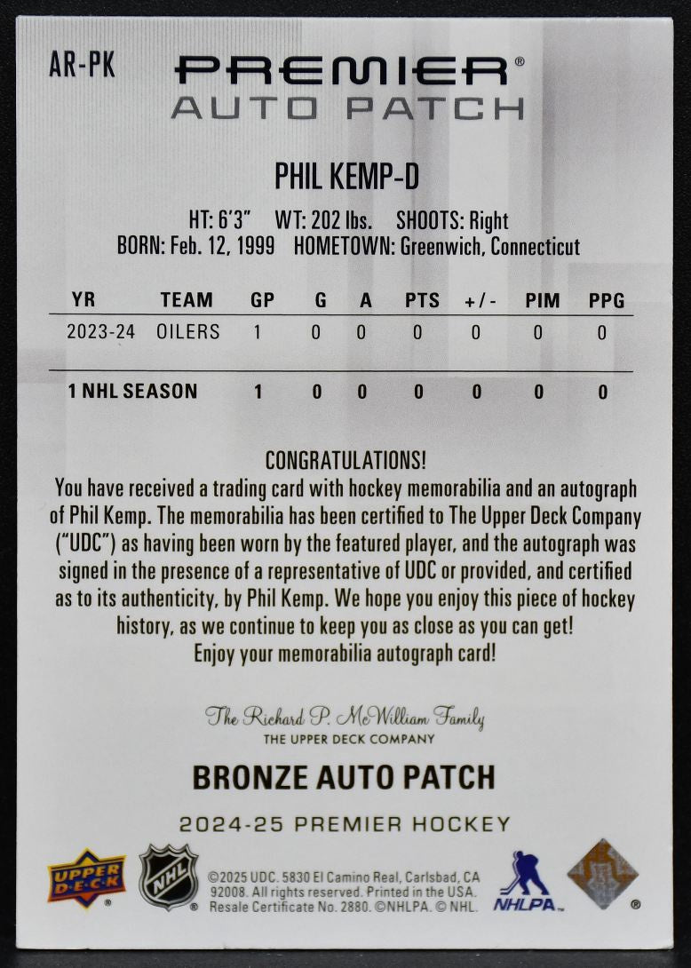 2024-25 UD Premier RC Patch Phil Kemp AR-PK Oilers RC Auto 245/249 Patch 4807