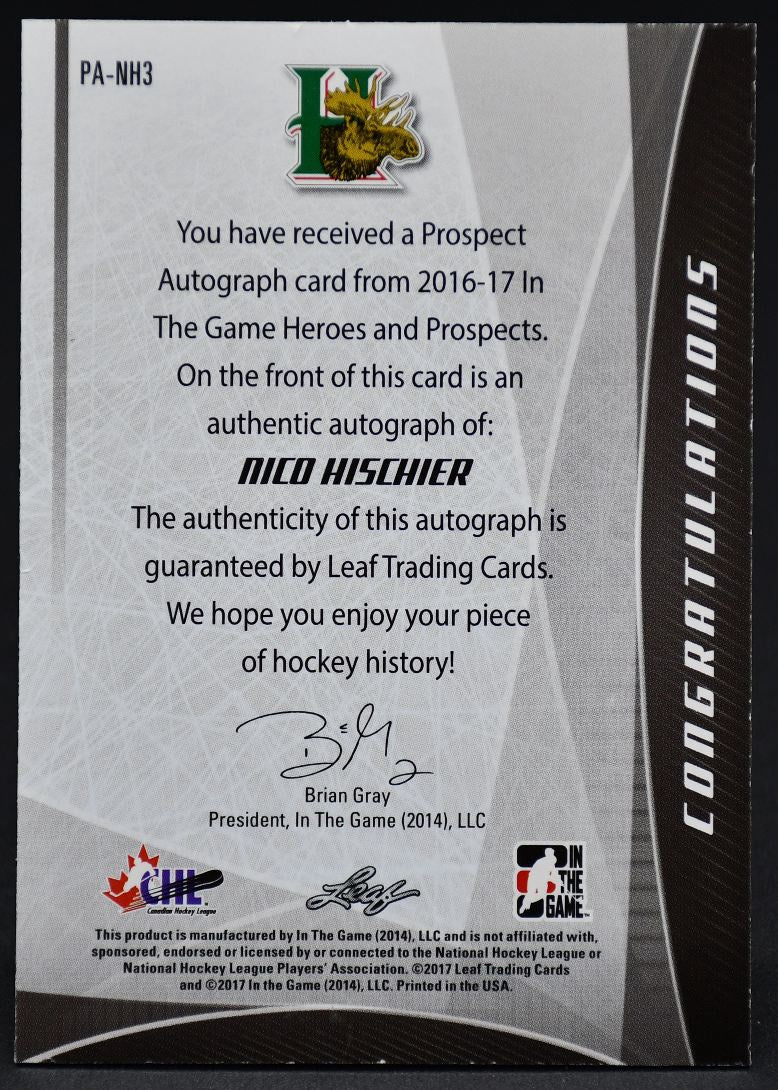 2017-18 Leaf In The Game Heroes and Prospects Autograph Hischier RC Auto
