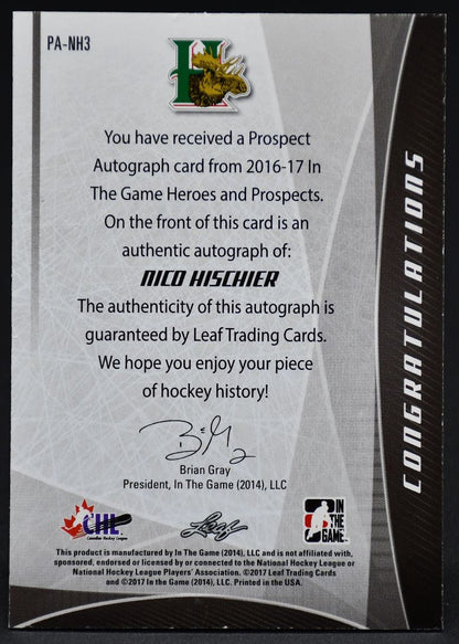 2017-18 Leaf In The Game Heroes and Prospects Autograph Hischier RC Auto