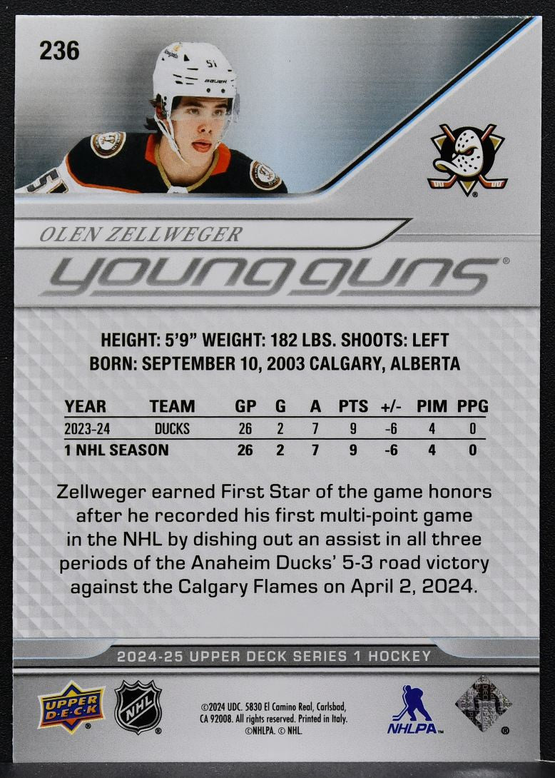 2024-25 Upper Deck Series 1 Young Guns Olen Zellweger 236 Anaheim Ducks RC 7466