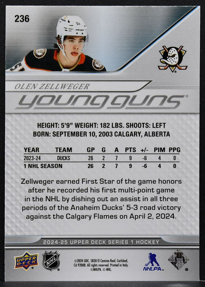 2024-25 Upper Deck Series 1 Young Guns Olen Zellweger 236 Anaheim Ducks RC 7466