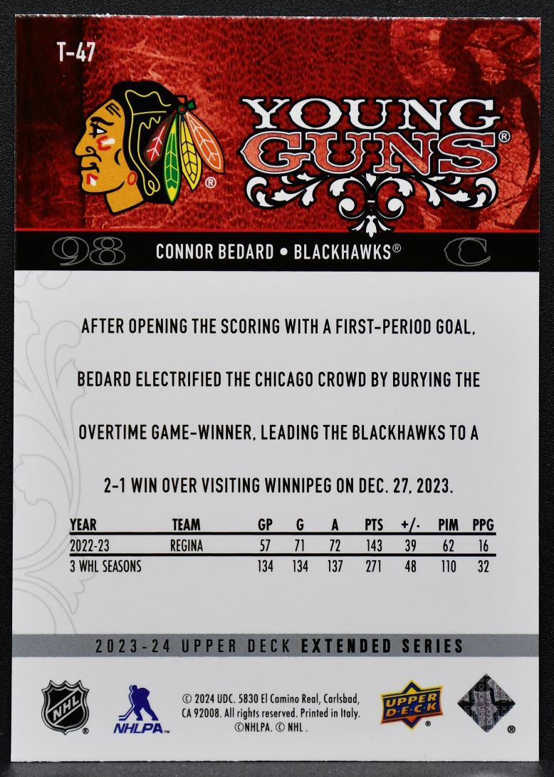2023-24 UD 2008-09 Tribute Young Guns Connor Bedard T-47 Chicago Blackhawks RC 8334