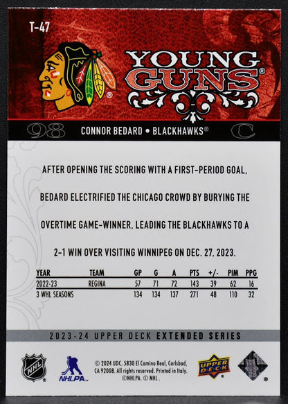 2023-24 UD 2008-09 Tribute Young Guns Connor Bedard T-47 Chicago Blackhawks RC 8334