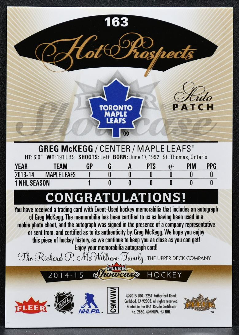 2014-15 Fleer Showcase Hot Prospects Jersey Auto Greg McKegg RC Auto Jersey 0895