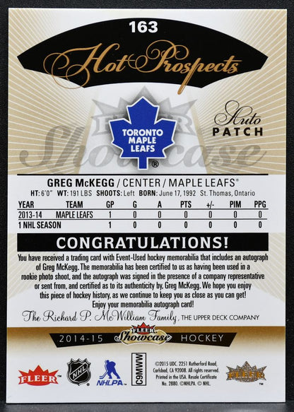2014-15 Fleer Showcase Hot Prospects Jersey Auto Greg McKegg RC Auto Jersey 0895