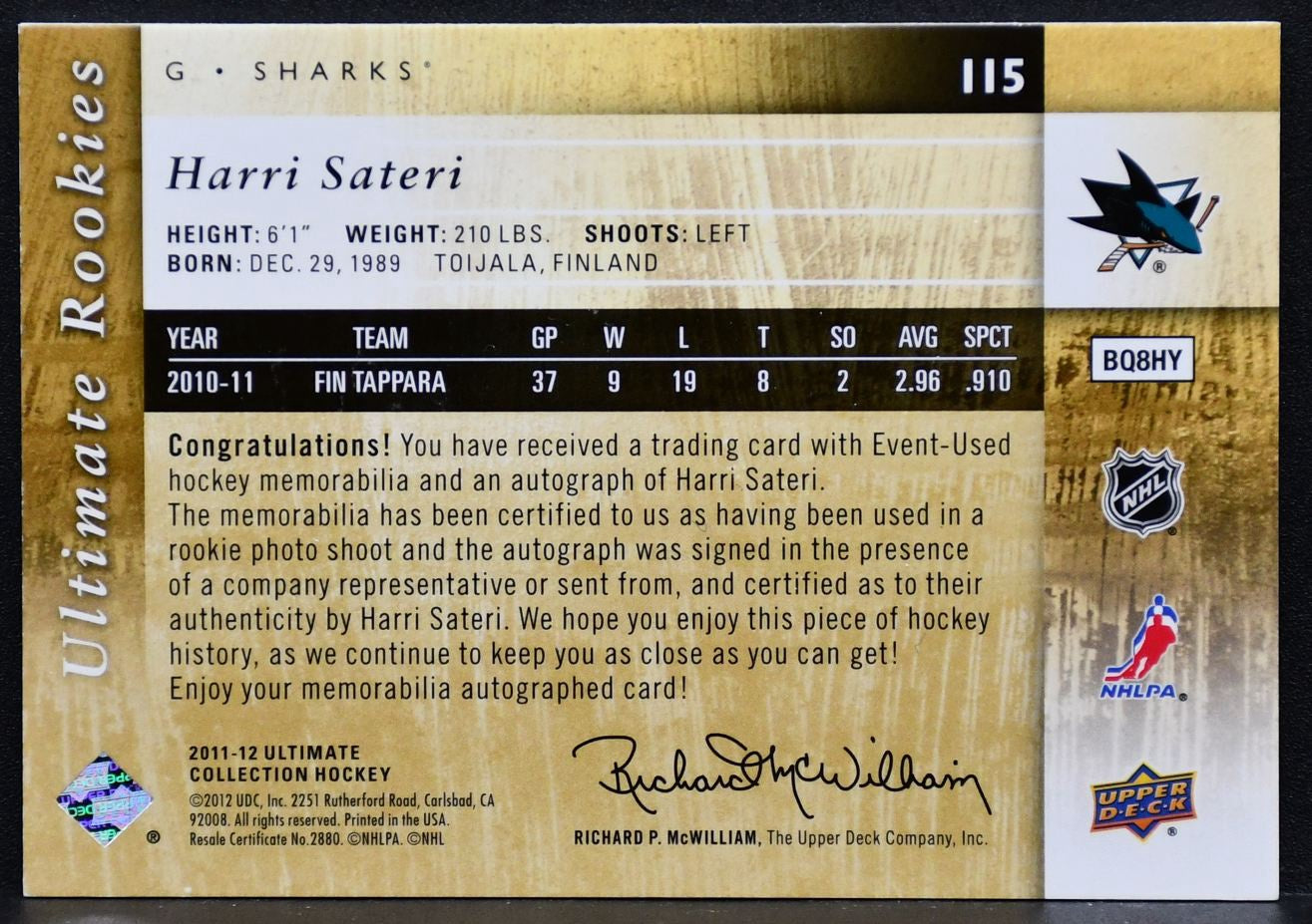 2011-12 UD Ultimate Rookie Autographed Patch Harri Sateri 115  RC Auto /35 Patch