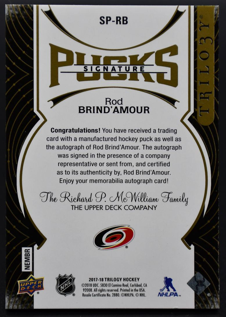 Rondelles signature UD Trilogy 2017-18 Rod Brind'Amour SP-RB Hurricanes de la Caroline